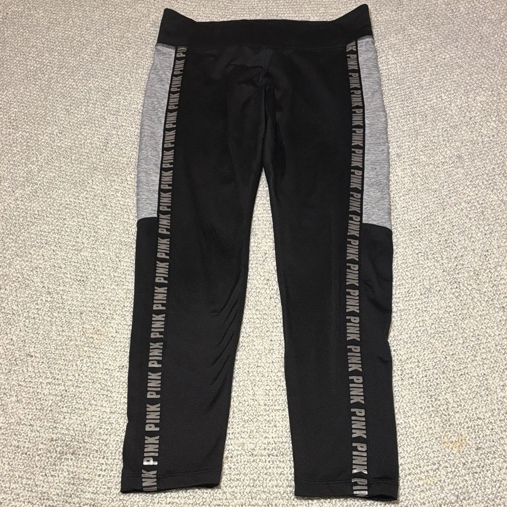 Victoria's Secret PINK Cozy Leggings Black Grey Side Logo